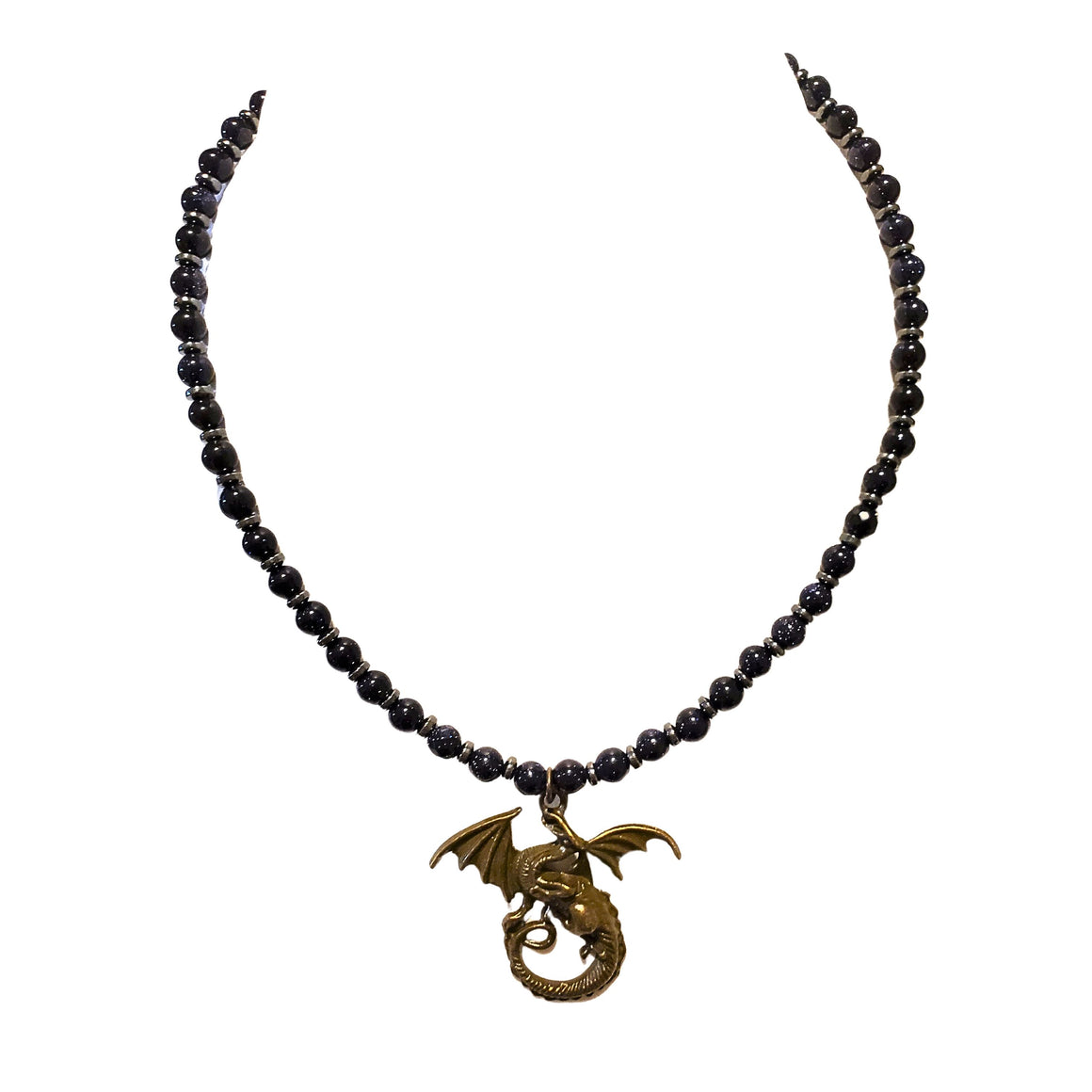 Blue Goldstone Hematite Dragon Necklace